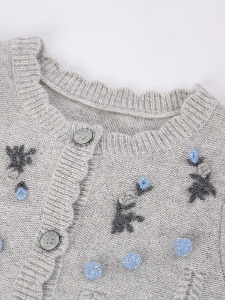 Kids Light Grey Floral Embroidery Cashmere Button-Up Cardigan